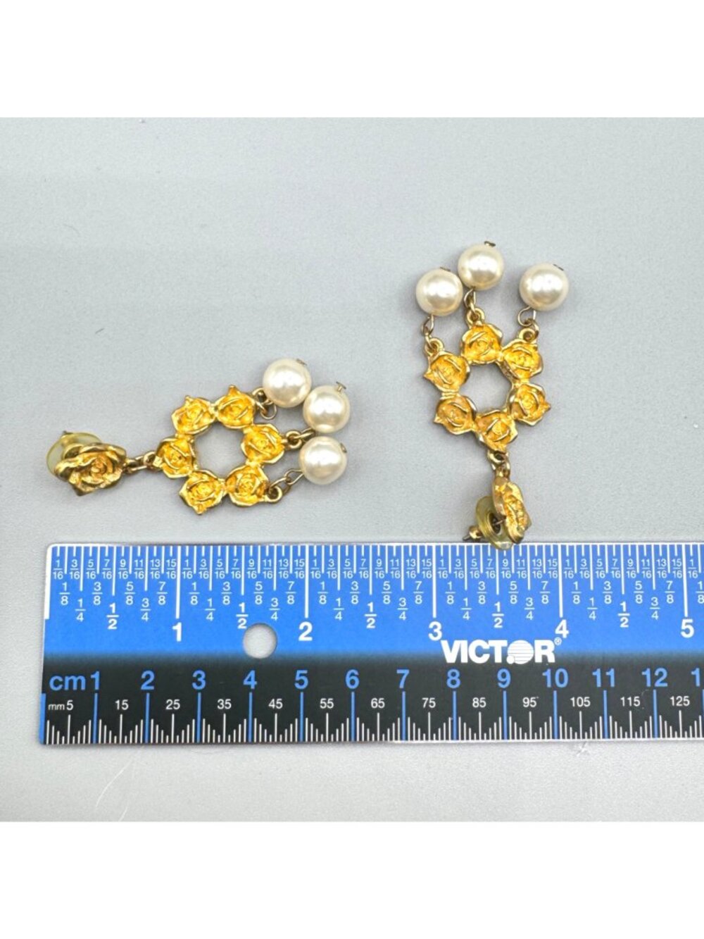 Vintage Rose and Faux Pearl Dangle Earrings Waterfall Bridal Statement Wedding - Picture 6 of 11